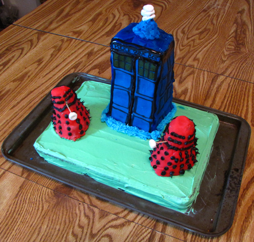 TARDIS Cake with Rice Krispie Daleks